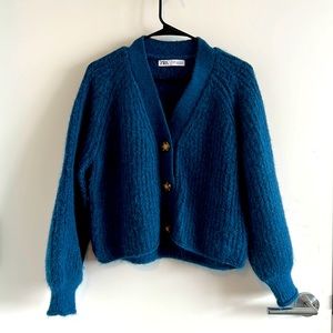 Zara Teal Blue Button-Front Mohair Blend Sweater